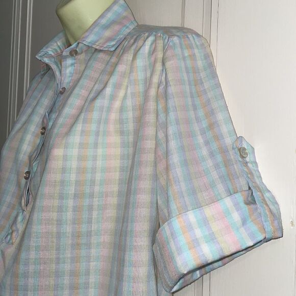 Vtg 70s Miss Personality pastel checked smock blouse - Picture 3 of 7